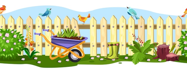 Spring garden  fence seamless border with birds, flowers, bushes, wheelbarrow, green grass, boots. Summer rural backyard picket view with stump, pink blossom. Broken garden fence cartoon frame