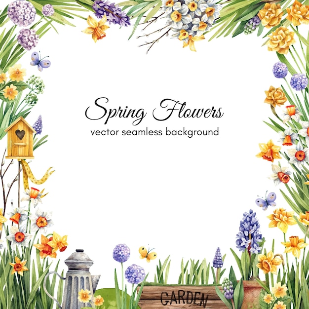 Vector spring garden full of flowers daffodils hyacinths muscari square frame watercolor illustration