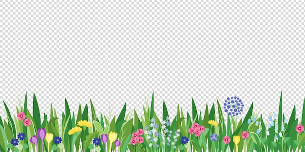 spring garden grass and flowers border. cartoon vector flower background. green elements objects