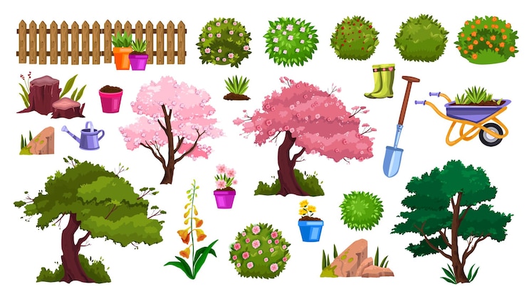 Vector 植木鉢、花の木、柵、花、茂みで設定された春の庭の自然漫画の要素。