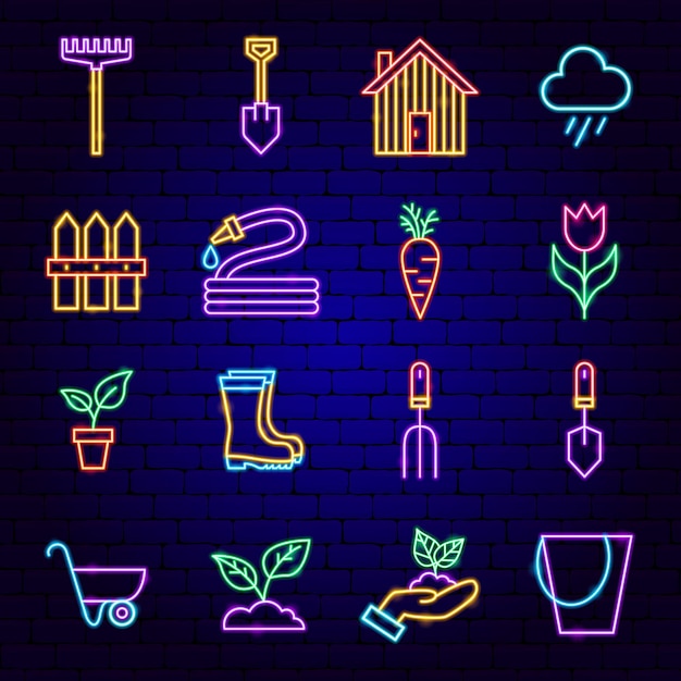 Spring garden neon icons. vector illustration of nature promotion.