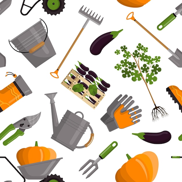 Spring garden pattern Farm seamless print with doodle agriculture tools Gloves and flowers Organic eggplants or pumpkins Watering can Shovel and rake Vintage vector graphic background