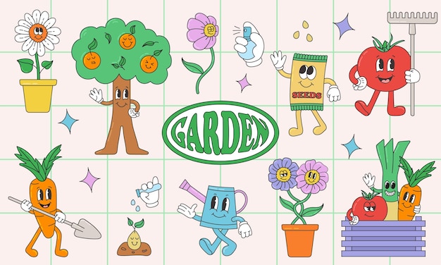 Spring gardening collection Trendy retro cartoon style illustrations of flowers and funny plant