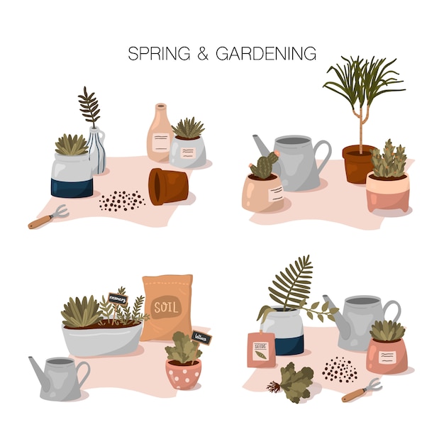 Primavera e giardinaggio insieme con composizioni giardino domestico in stile cartone animato piatto. simpatiche piante domestiche in vaso, attrezzi da giardinaggio ed elementi.