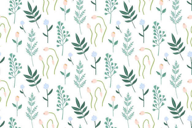 Spring gentle floral pattern with plant sprigs and flower buds on a white background