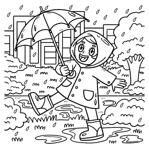 Spring Girl Enjoying The Rain Coloring Page