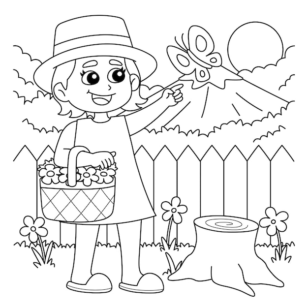 Spring Girl Holding a Basket with Flowers Coloring