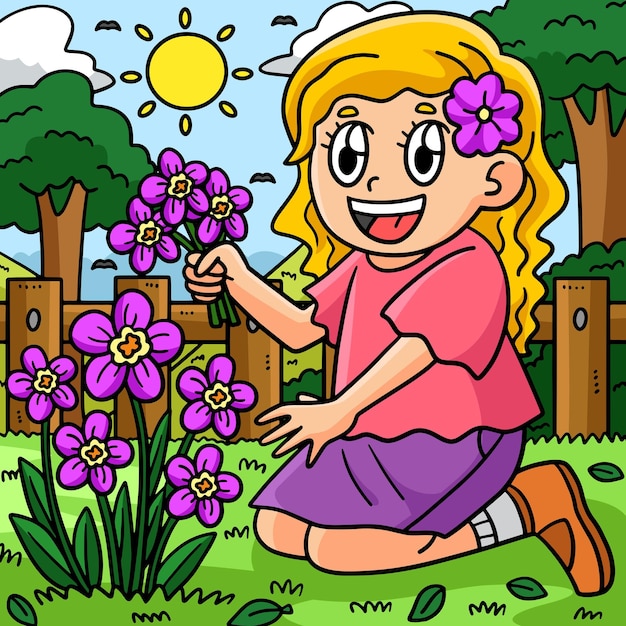 Spring Girl Picking Flowers Colored Illustration