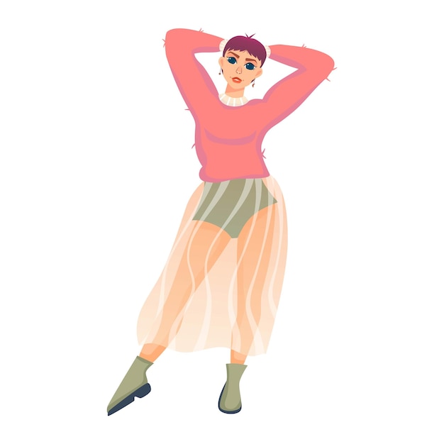 Spring girl stands with raised hands in fashionable clothes Woman isolated for spring design by women's day Vector cartoon illustration