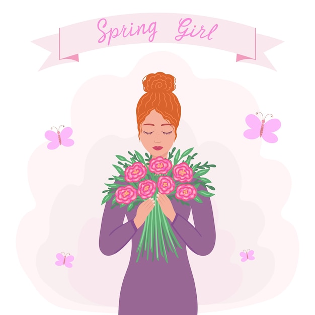 Vector spring girl woman with bouquet of flowers hand drawn illustration