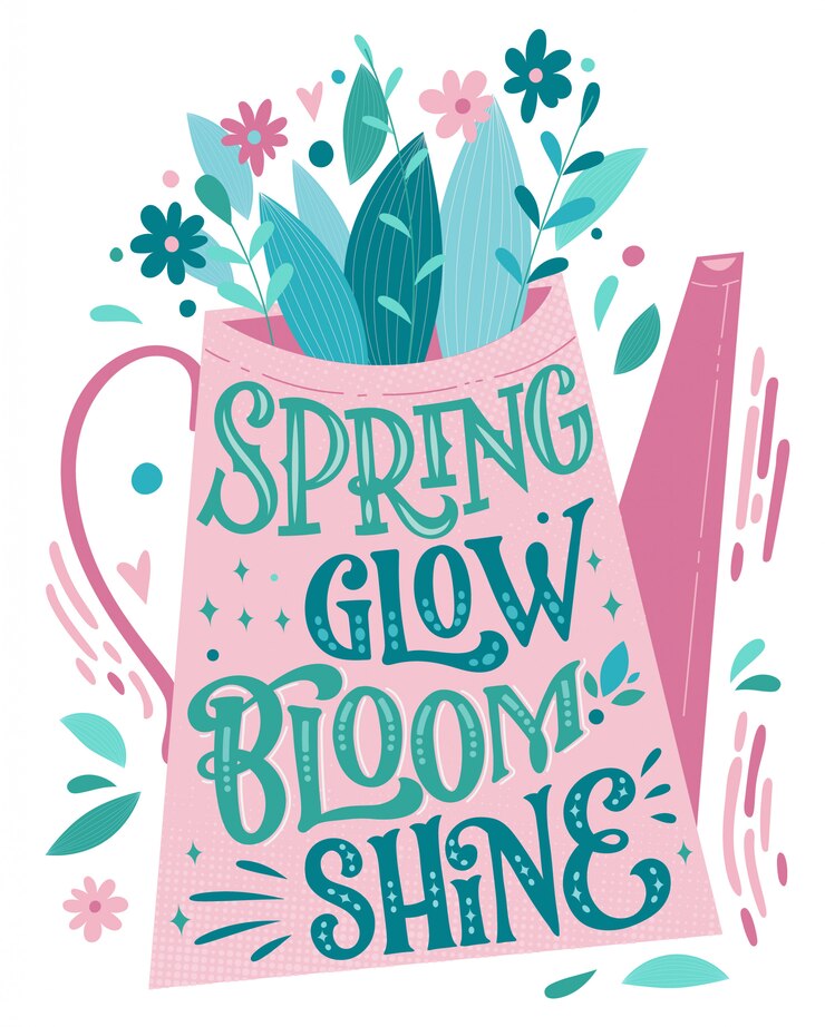 Spring Glow Bloom Shine - beautiful spring lettering, great design for any purposes. Watering can shape design with bouquet.