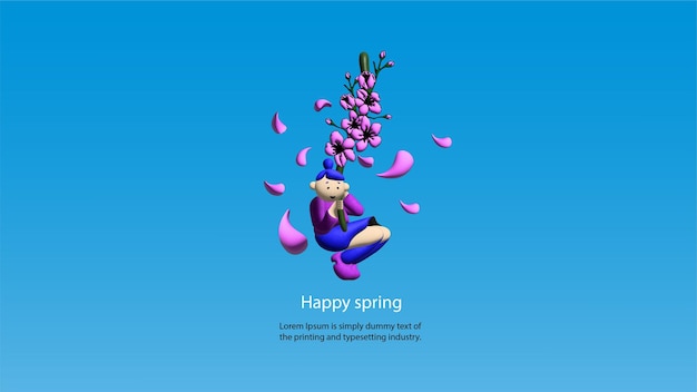 Spring greeting poster 3d design 3d character