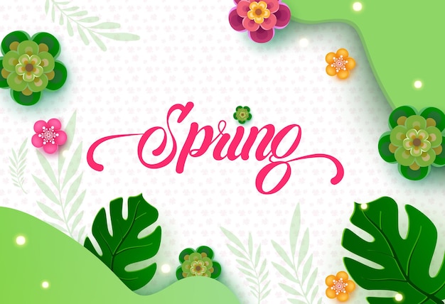 Spring greeting vector background design. Spring text with water color flowers and leaves decoration