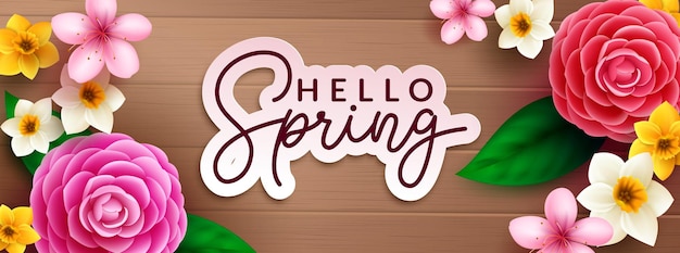 Vector spring greeting vector design hello spring typography text in paper cut decoration with camellia