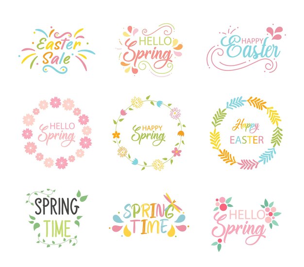 Vector spring hand lettering set hello spring with flowers collection of spring posters stickers banners