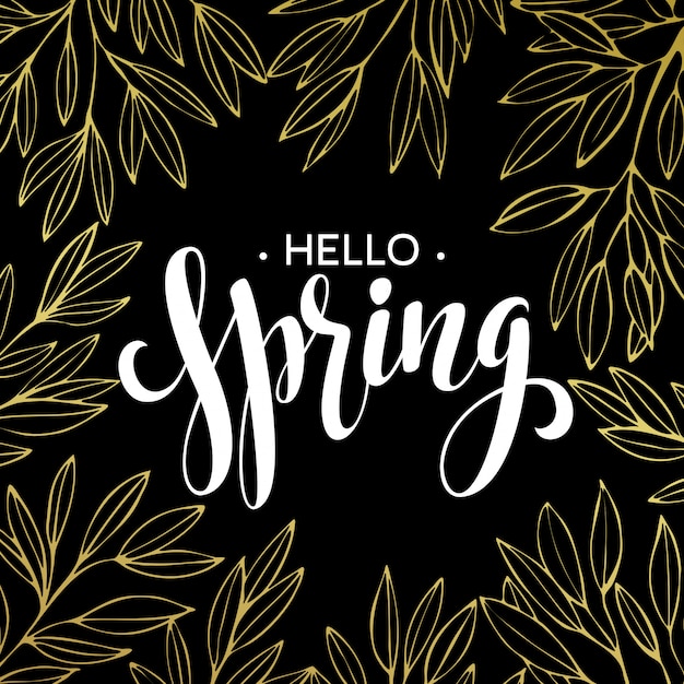 Spring handwritten calligraphy, black brushpen lettering phrase hello spring  in golden wreath frame
