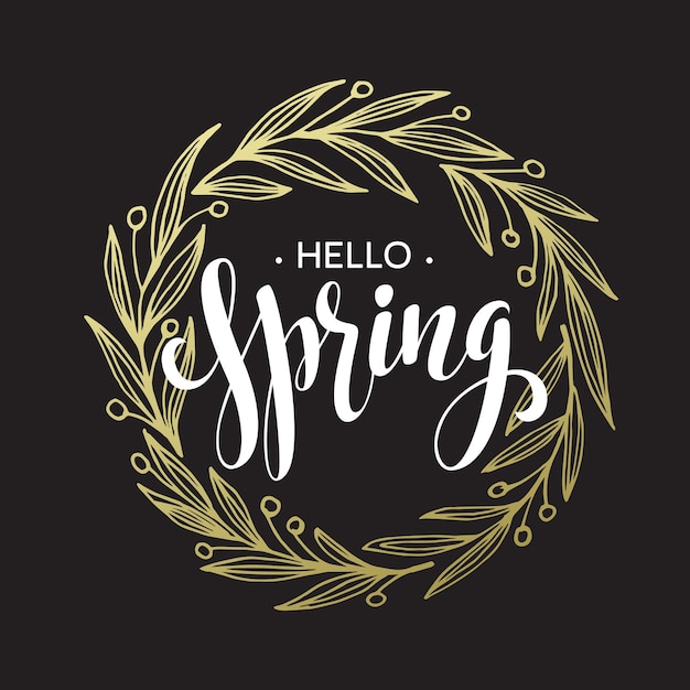 Spring handwritten calligraphy  illustration, black brushpen lettering phrase hello spring in golden wreath frame