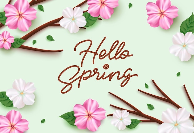 春こんにちはテキスト ベクトル背景デザイン。こんにちは、美しくて素敵な春のグリーティング カード。