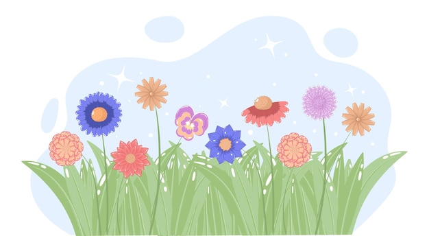 Vector spring horizontal arrangement of chamomile and marigold flowers in a meadow with grass isolated on a white background with a blue circle