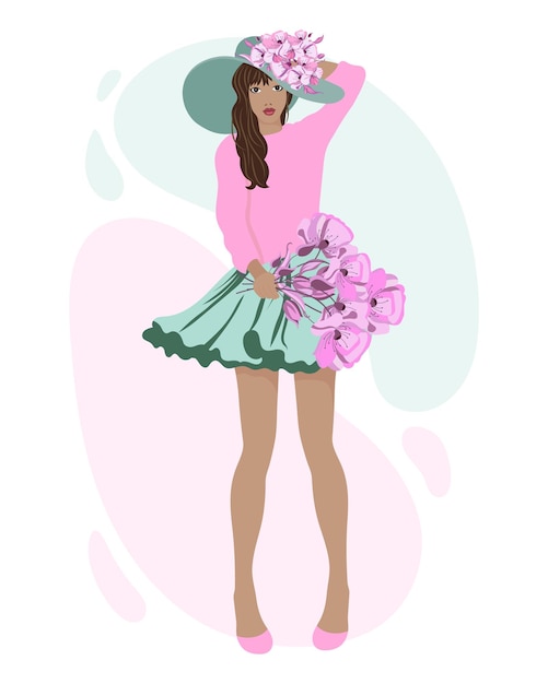 Vector spring illustration drawn cute girl in a hat with flowers holding a bouquet of pink flowers