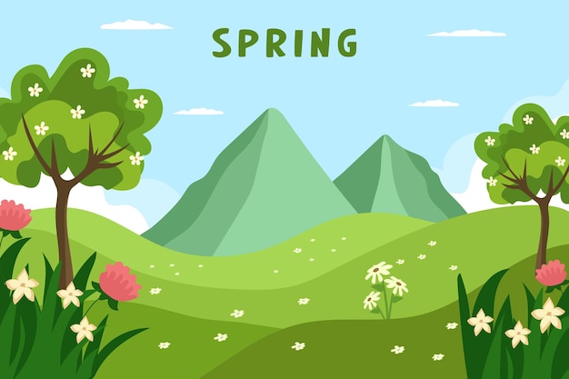 봄의 그림 꽃과 풀 산과 나무가 있는 봄의 풍경