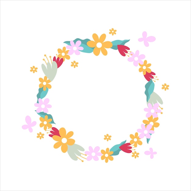 Spring inscription and flowers in a circle banner Illustration in flat style