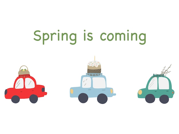 Spring is coming banner with red blue and green cars