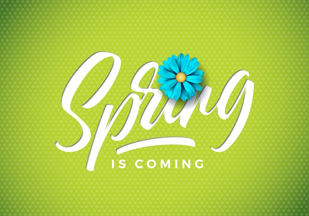 Vector spring is coming illustration with beautiful blue flower on fresh green background.