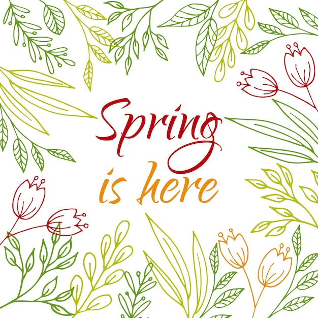 Spring is here card vector card with hand drawn flowers branches and plants