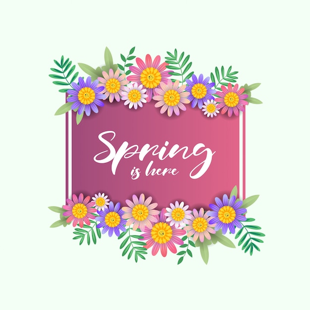 Spring is here text with beautiful flowers frame