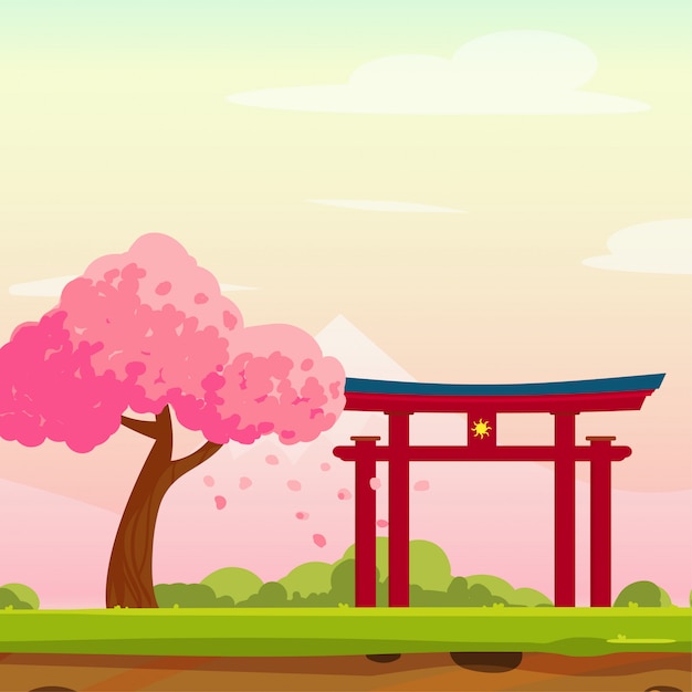 Spring Japan Illustration with Traditional Arc