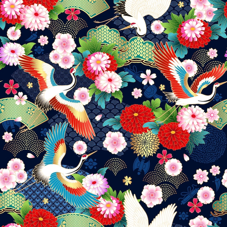 Spring Japanese background with fans and cranes