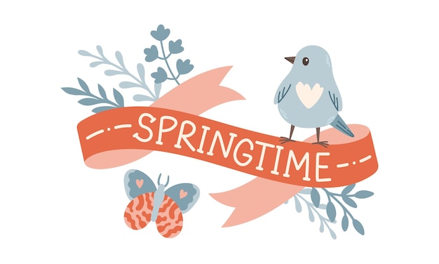 Spring label with season quotes, bird, ribbon. hand drawn spring vector illustration.