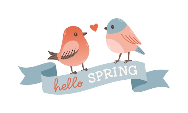 Spring label with season quotes, bird, ribbon. Hand drawn spring vector illustration.