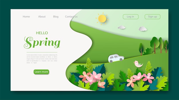 Spring landing page on paper cut and craft style