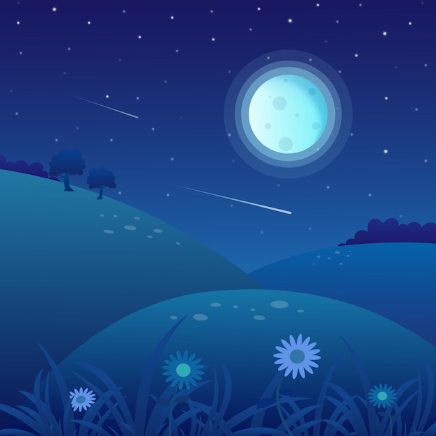 Vector spring landscape background on night with full moon and starry sky