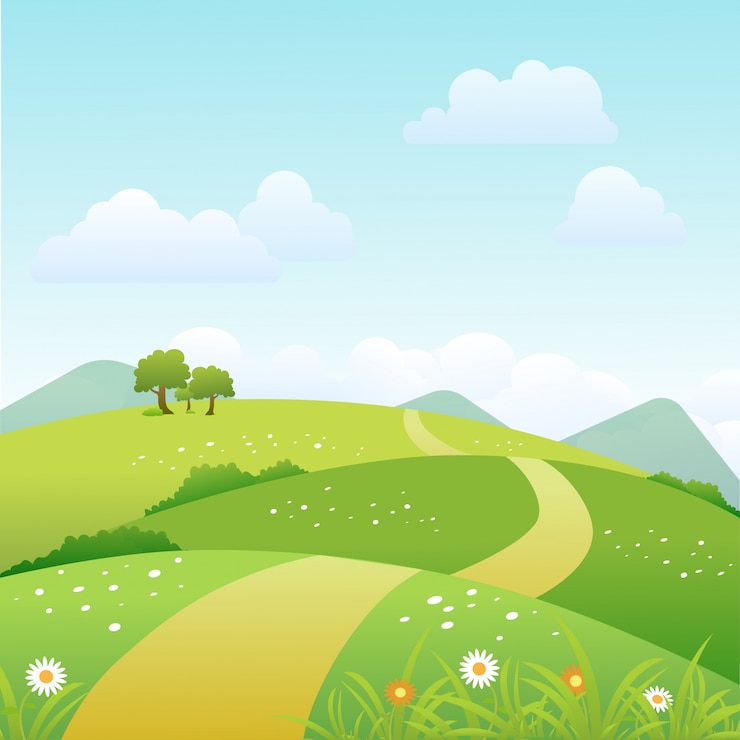 Vector 구름과 녹색 초원 봄 풍경 배경입니다.