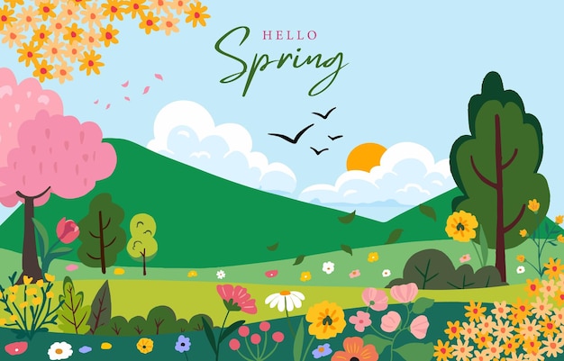 spring landscape background with mountain and tree for horizontal design