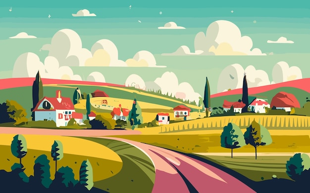 Paesaggio primaverile backgroundvector cartoon carino scena della natura campagna con cielo blu nuvolawood ba