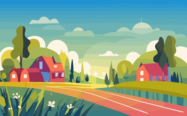 Vector spring landscape backgroundvector cute cartoon nature scene countryside with blue sky cloudwood ba