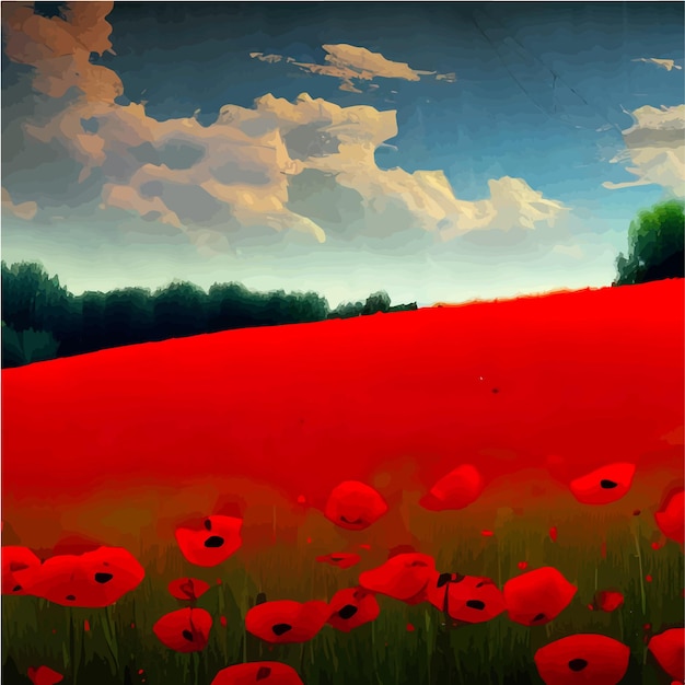 Vector spring landscape beautiful nature sunny landscape with poppies natural background with fields