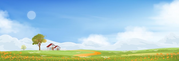 Vettore paesaggio primaverile in campagna con prato verde farmhous sulle colline con cielo blu.