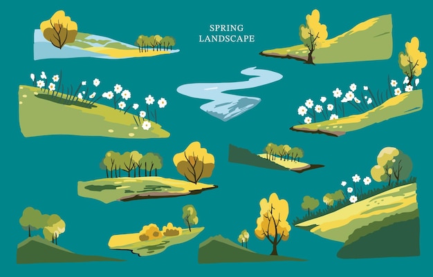 ベクトル 山と木を備えた春の風景要素セット グラフィックデッドサイン用の編集可能なベクトルイラスト