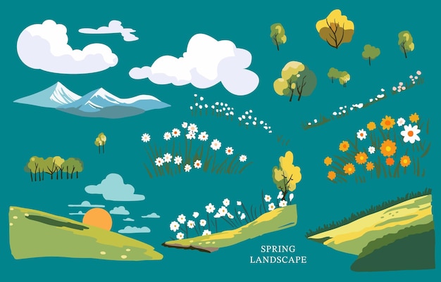 Vector spring landscape element set with mountain and tree editable vector illustration for graphic dedsign