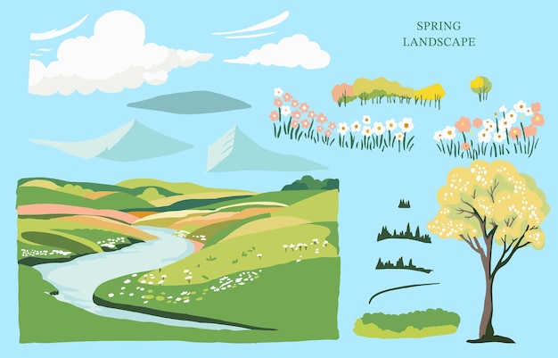 Spring landscape element set with mountain and tree editable vector illustration for graphic dedsign