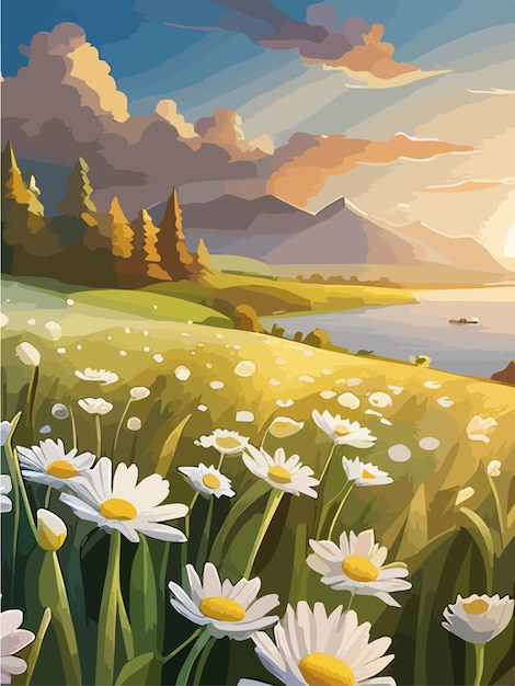 Vector spring landscape field white daisies blue sky and cloud in sunny day panorama green fields on sunny