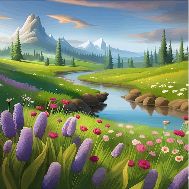 Vector spring landscape in green field colorful wildflowers and sunset cartoon rural farmland with mountain