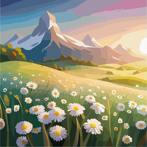 Vector spring landscape in green field with white daisies and sunset vector illustration cartoon rural