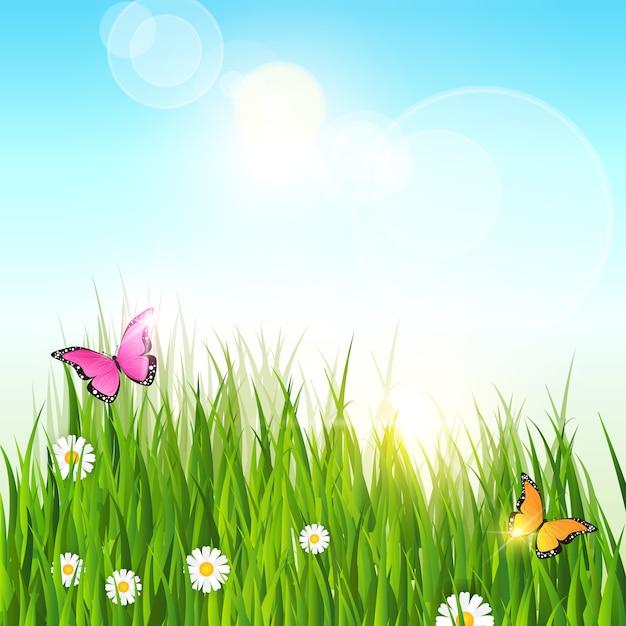 Vector spring landscape green grass blue sky