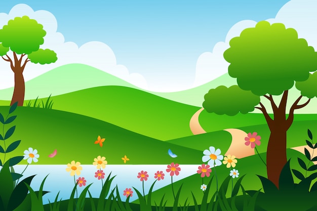 Spring Landscape Illustration with Colorful Flowers and Trees